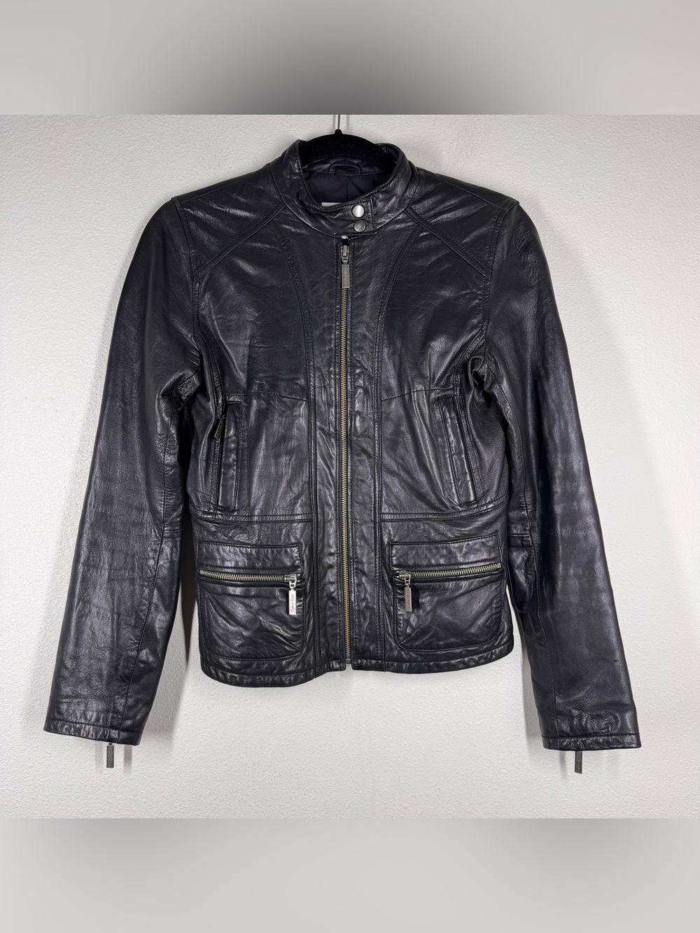 Calvin Klein Fitted Leather Motorcycle Bomber Jacket Black Grunge Vamp Emo XS
